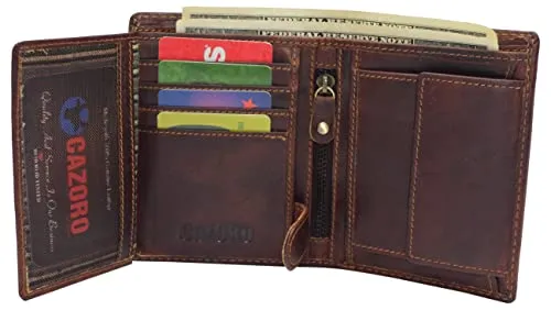 RFID610518RHU Large RFID Genuine Vintage Leather Card Holder Bifold Trifold Wallet Snap Closure 2 ID Windows for Men