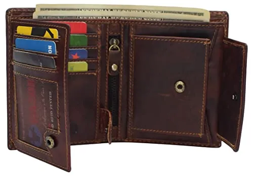 RFID610518RHU Large RFID Genuine Vintage Leather Card Holder Bifold Trifold Wallet Snap Closure 2 ID Windows for Men