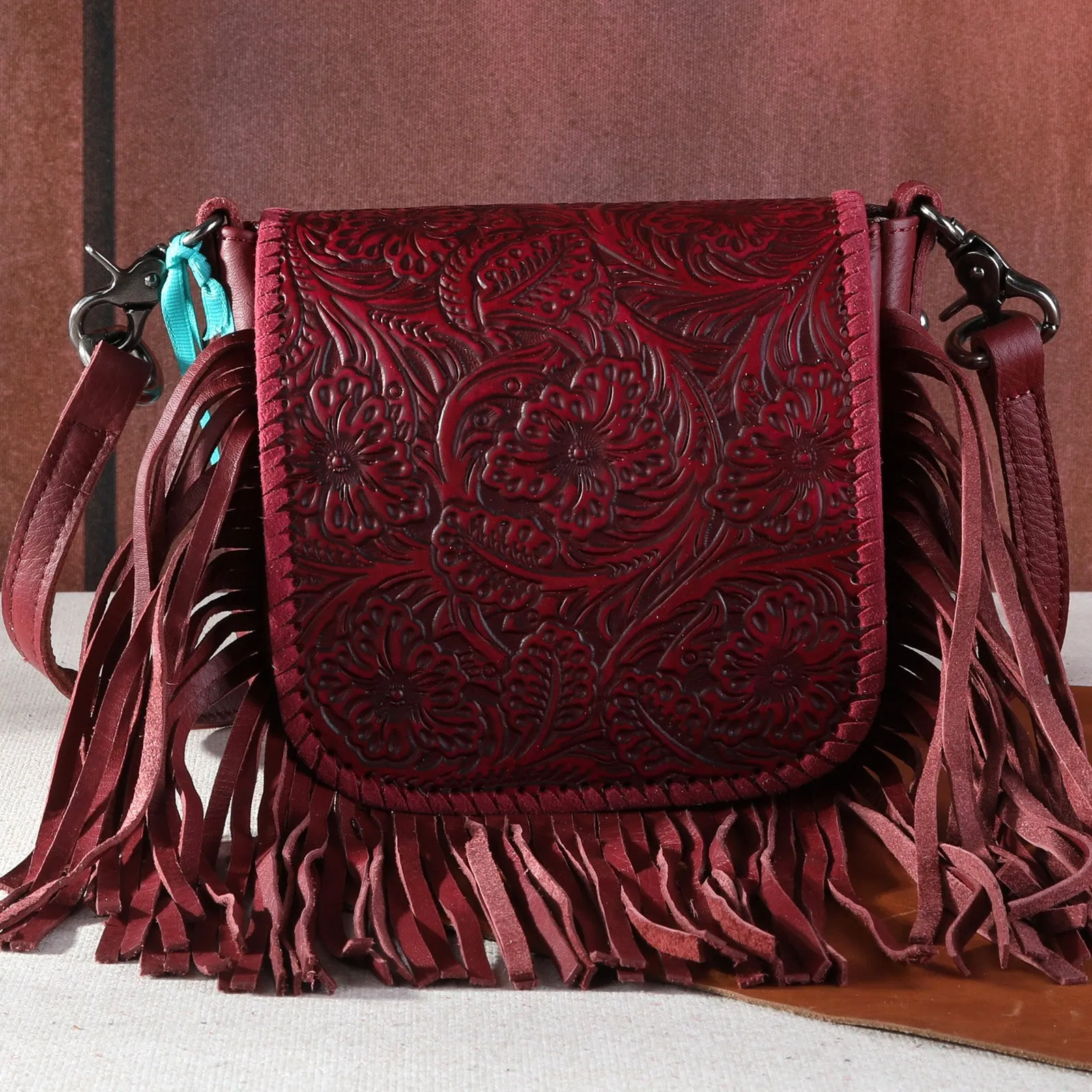 RLC-L159 Montana West Genuine Leather Tooled Collection Fringe Crossbody