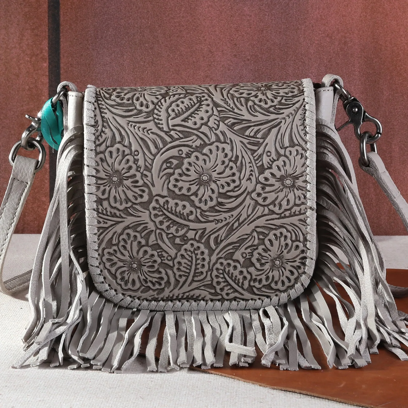 RLC-L159 Montana West Genuine Leather Tooled Collection Fringe Crossbody