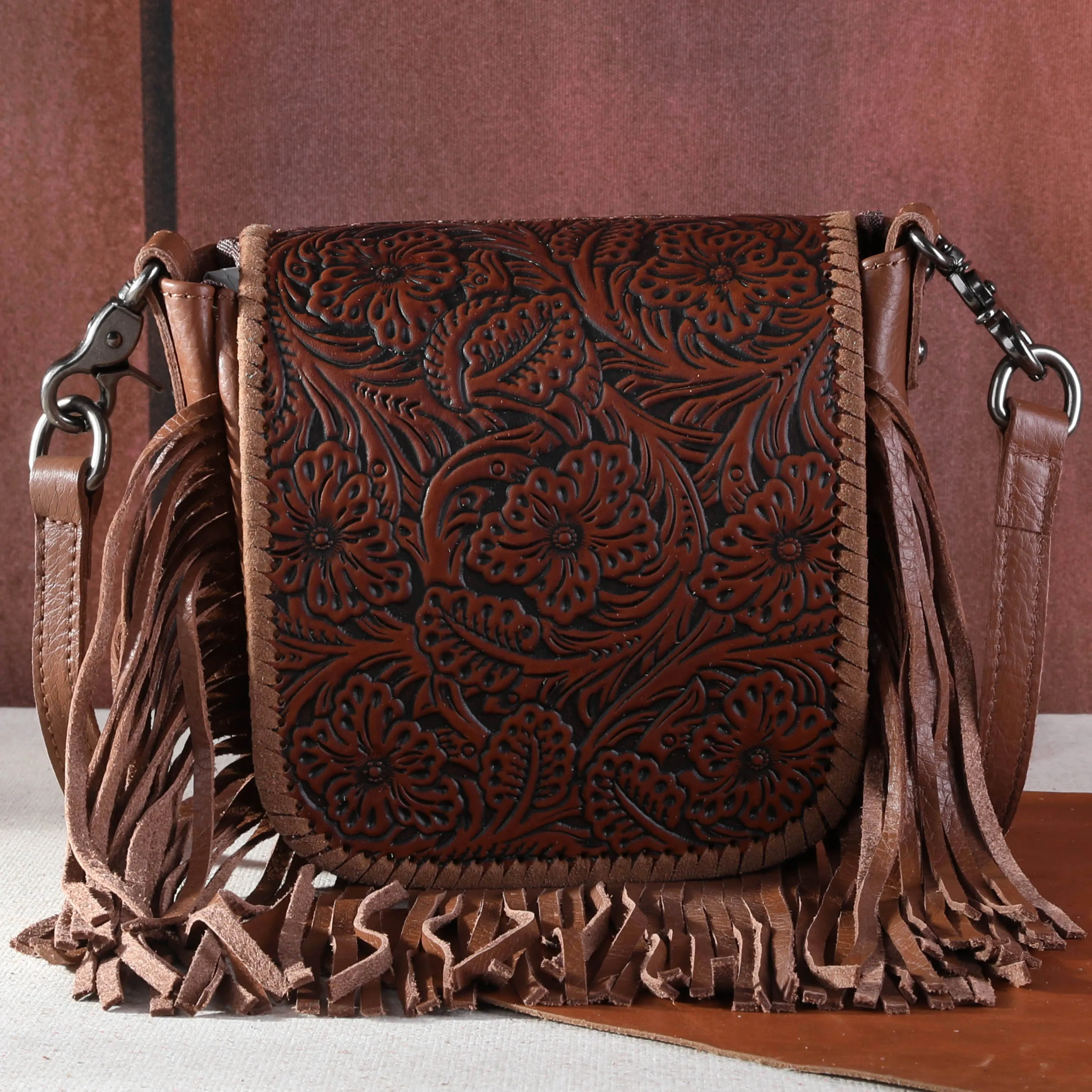 RLC-L159 Montana West Genuine Leather Tooled Collection Fringe Crossbody