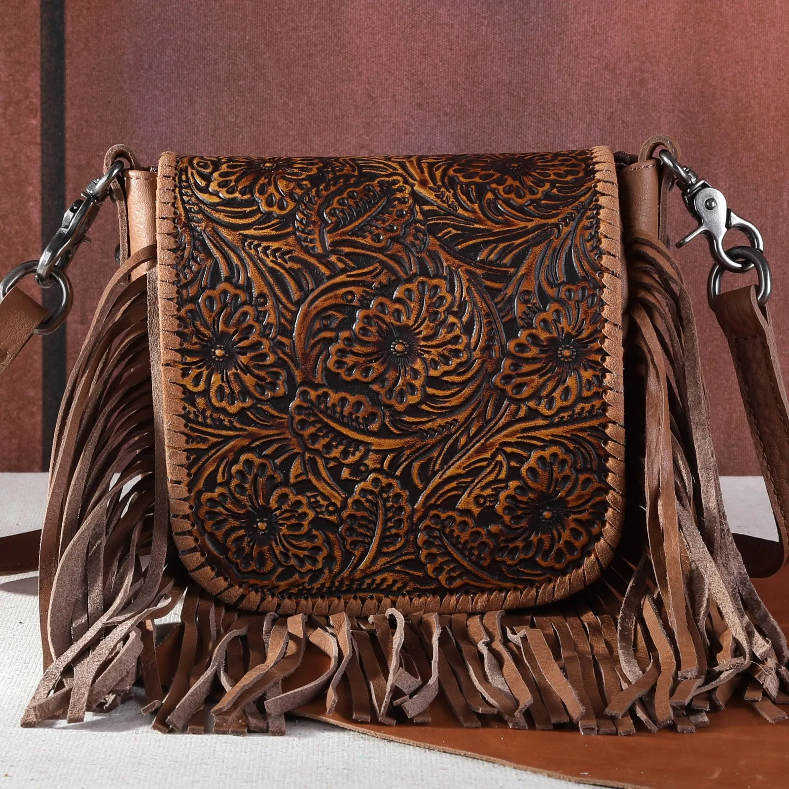 RLC-L159 Montana West Genuine Leather Tooled Collection Fringe Crossbody