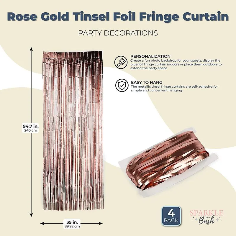 Rose Gold Foil Fringe Curtains, Metallic Tinsel Party Decor (35 x 94 in, 4 Pack)