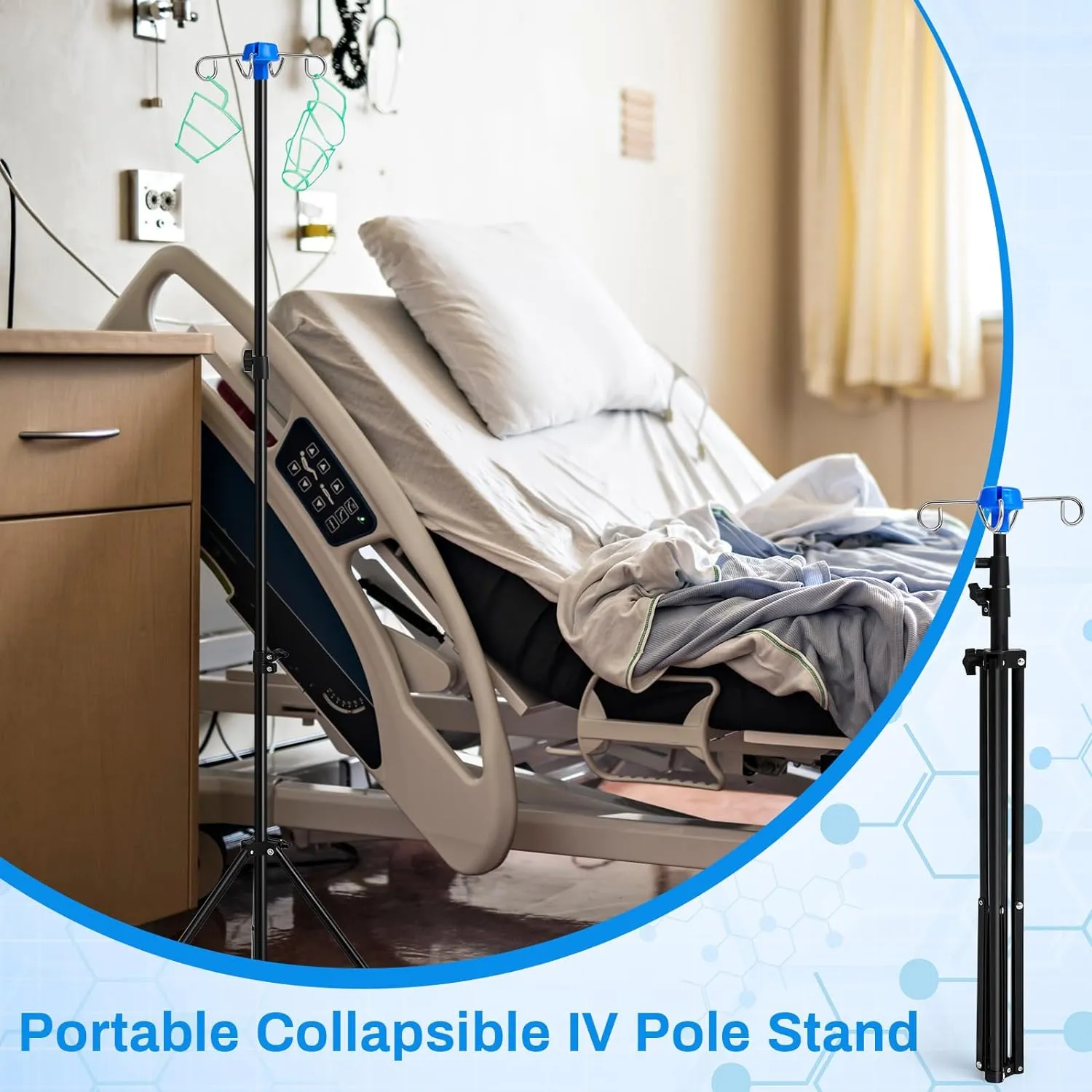 Set of 2 Portable Collapsible IV Pole Drip Bag Stands | Foldable Design  | 4 Hooks 3 Legs | Adjustable Height for Hospitals, Clinics, Wheelchairs & Beds