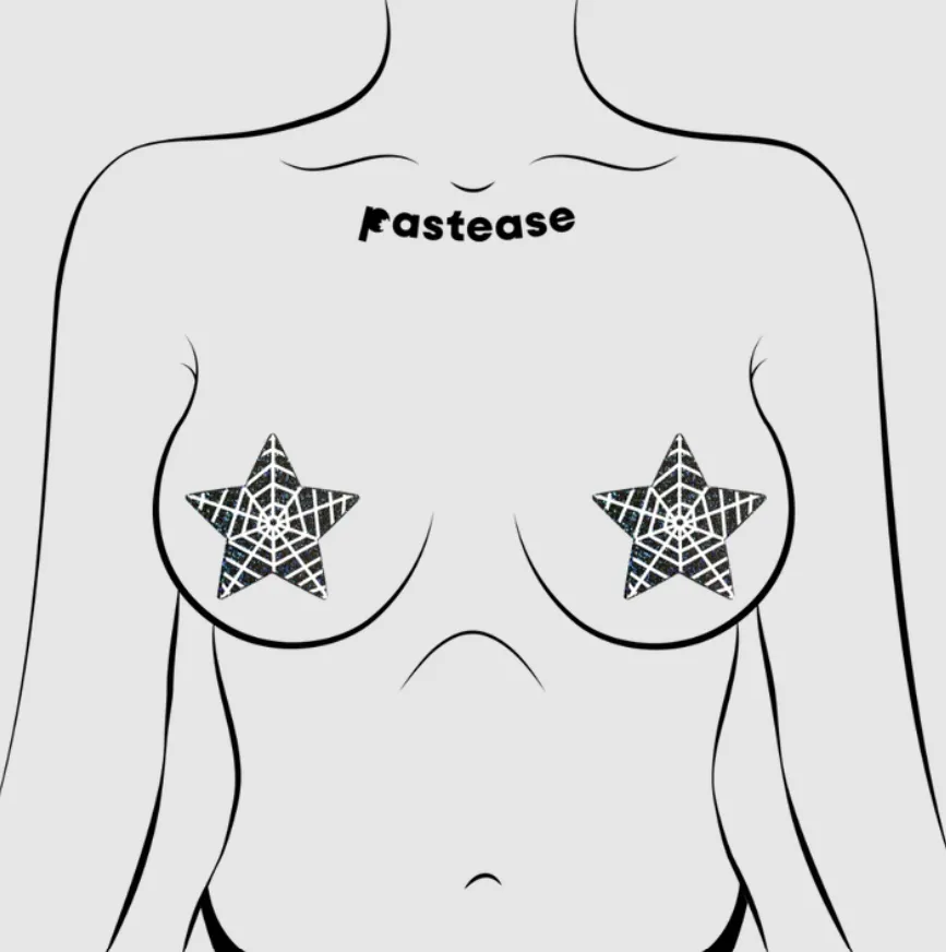 Star: Black Glitter Star with White Glow in the Dark Web Nipple Pasties