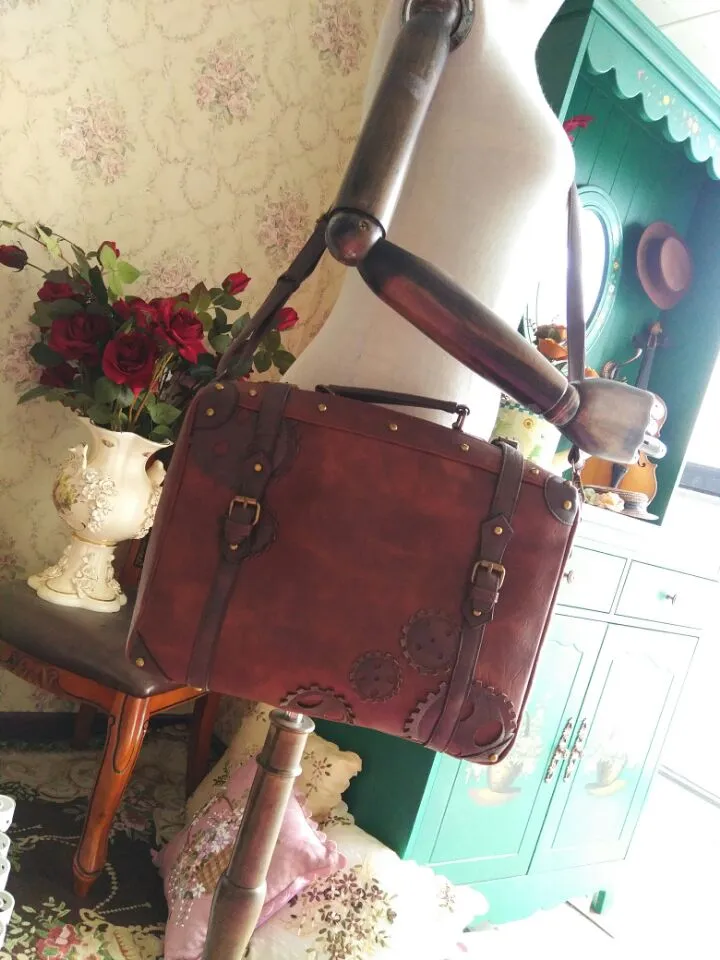 Steampunk Style Lolita Handbag Brown Satchel Bag with Gear Decor by Infanta