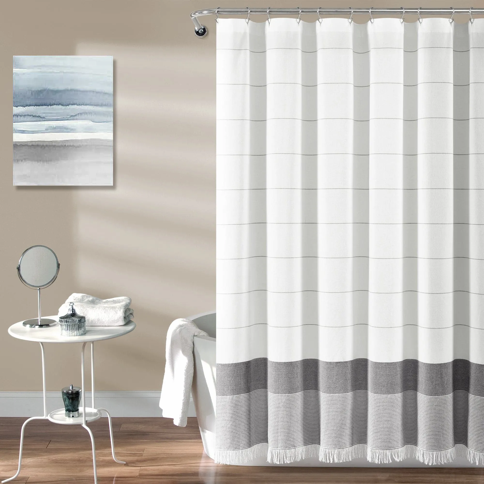 Stripe Yarn Dyed Tassel Fringe Woven Cotton Shower Curtain