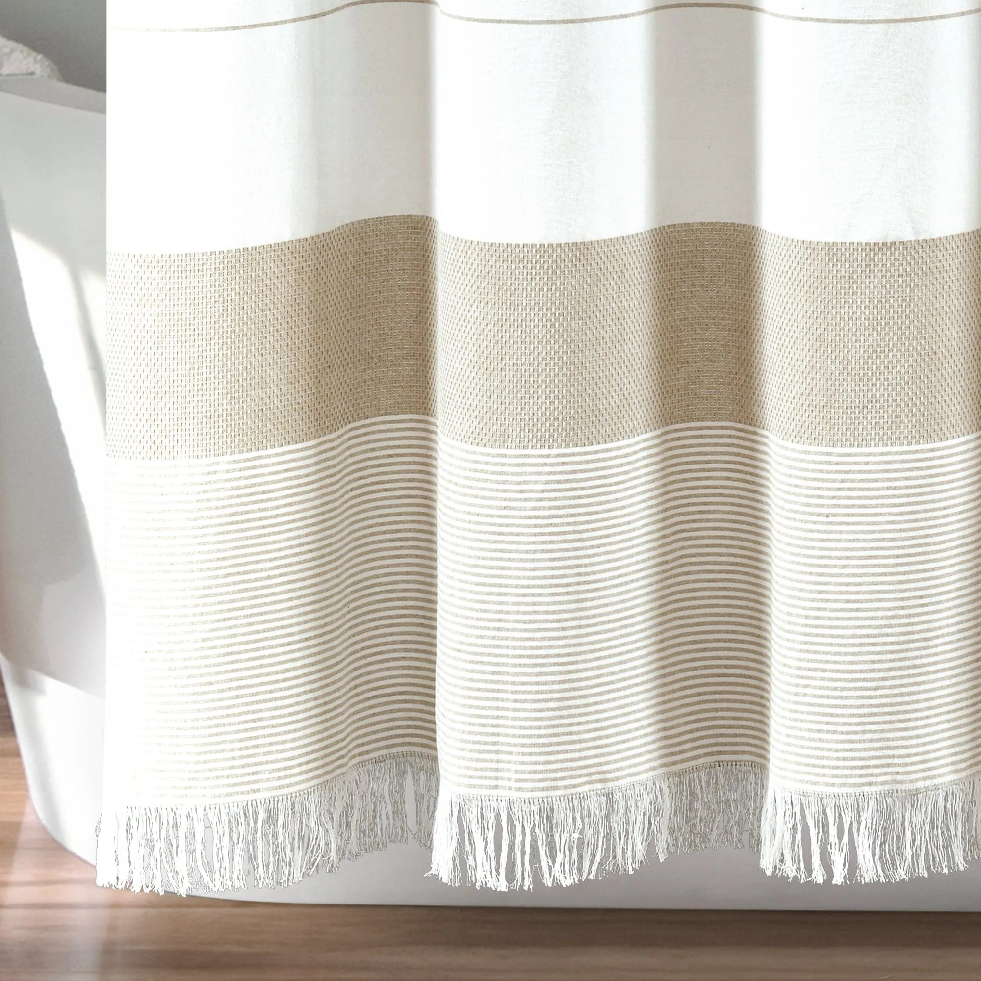 Stripe Yarn Dyed Tassel Fringe Woven Cotton Shower Curtain