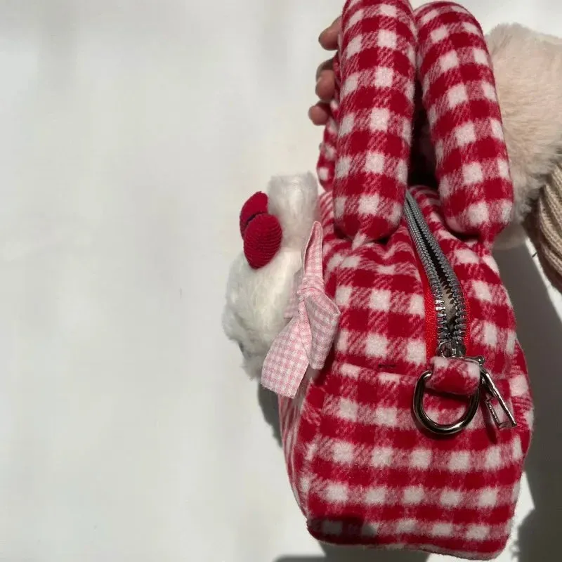 TAVIMART  -  Trendy Cartoon Fluffy Rabbit Top-Handle Bags Sweet Bow Kawaii Plaid Shoulder Crossbody Bag Y2k Harajuku Women Purse and Handbags