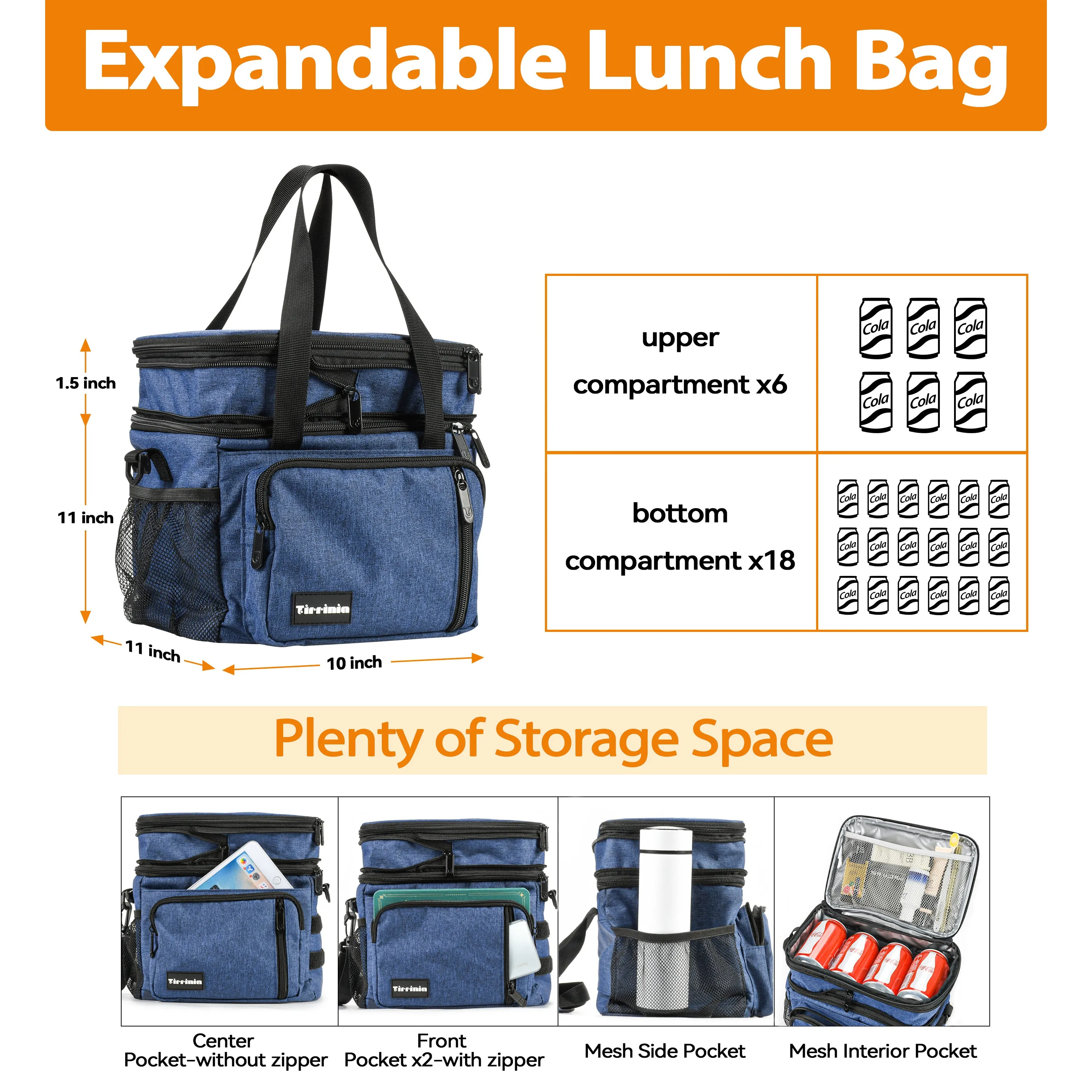 Tirrinia Large Capacity Expandable Insulated Lunch Bag