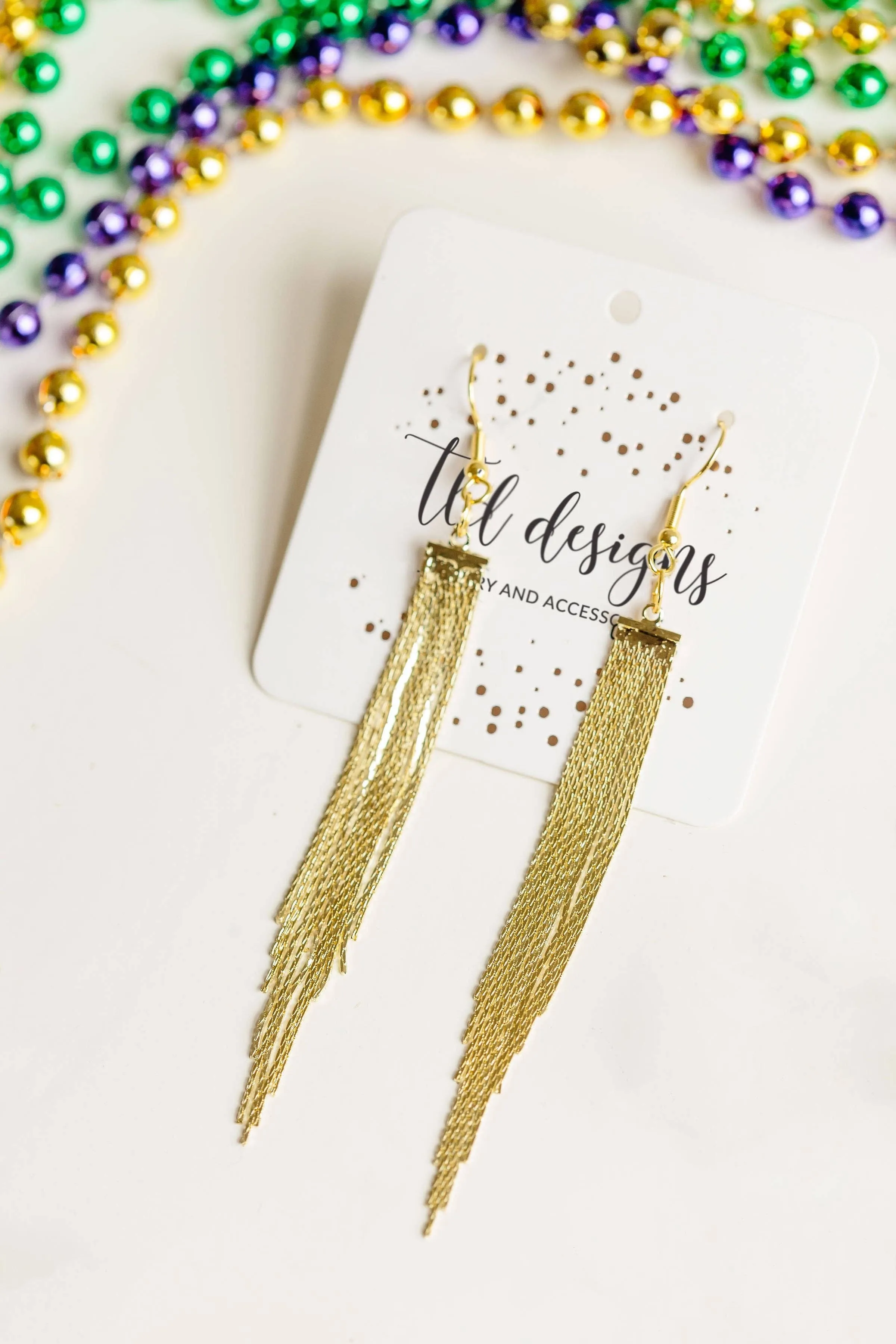 TLD Designs Gold Fringe Tassel Statement Earrings