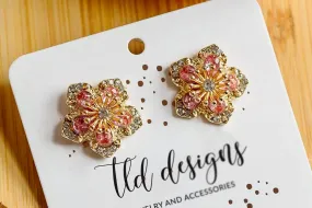 TLD Designs Pink Flower Blossom Rhinestone Stud Earrings- Gold