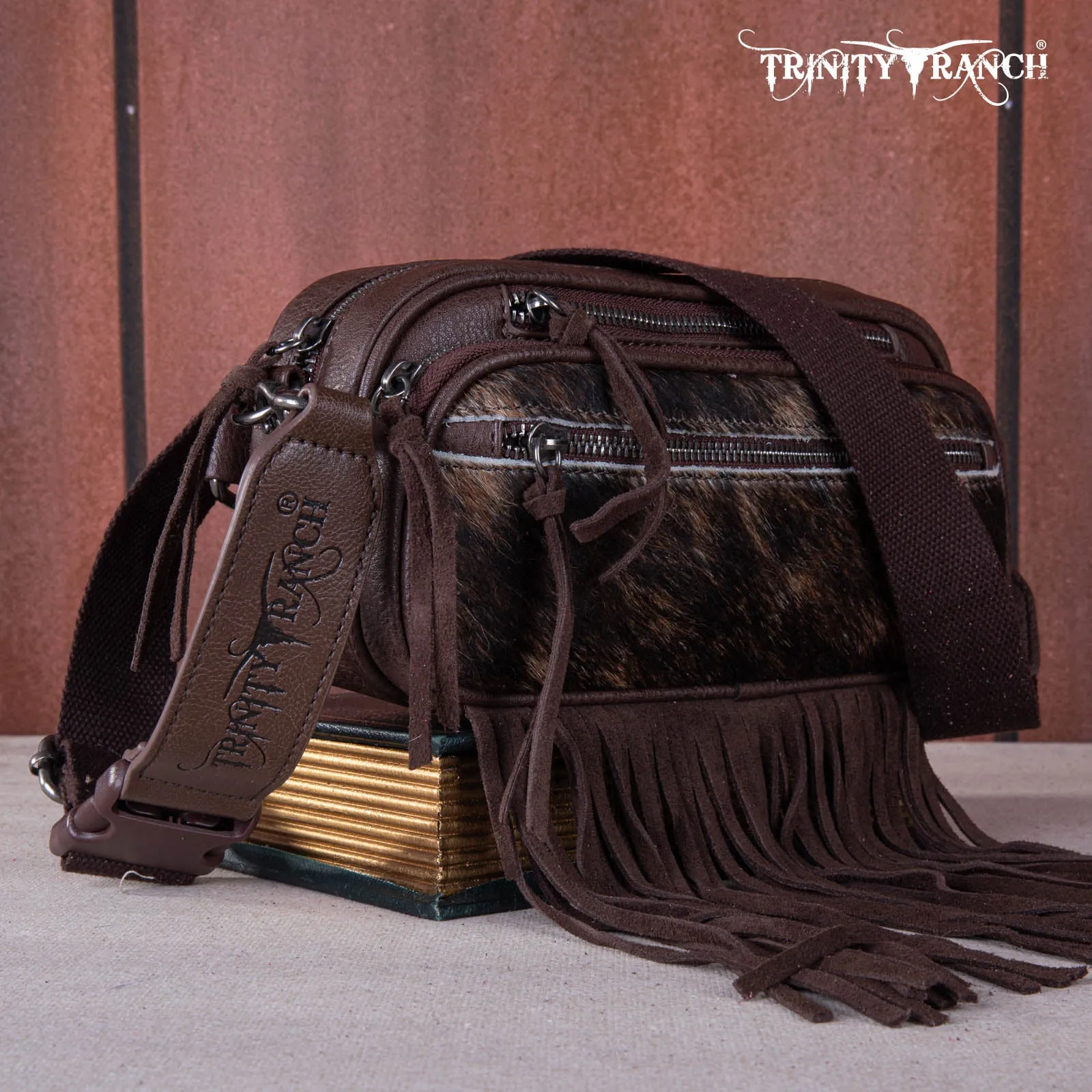 TR165-197  Trinity Ranch Genuine Hair-On Cowhide Triple Zippered Pocket Fringe Belt Bag