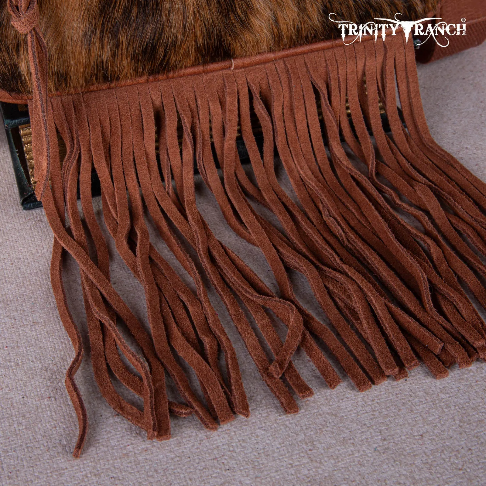 TR165-197  Trinity Ranch Genuine Hair-On Cowhide Triple Zippered Pocket Fringe Belt Bag