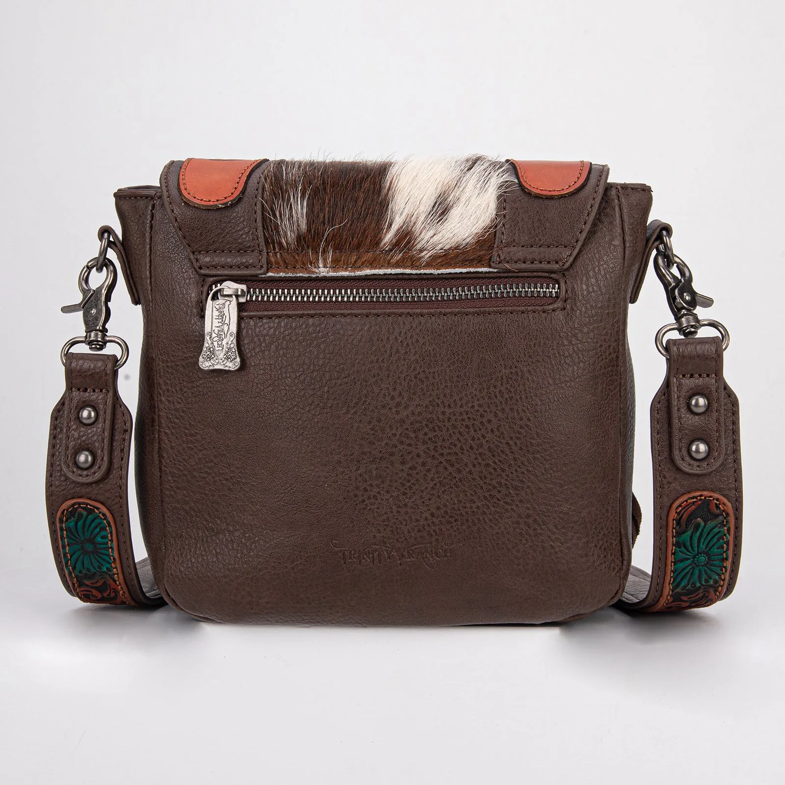 TR187-8360  Trinity Ranch Genuine Hair-On Cowhide Tooled Fringe  Crossbody Bag- Coffee