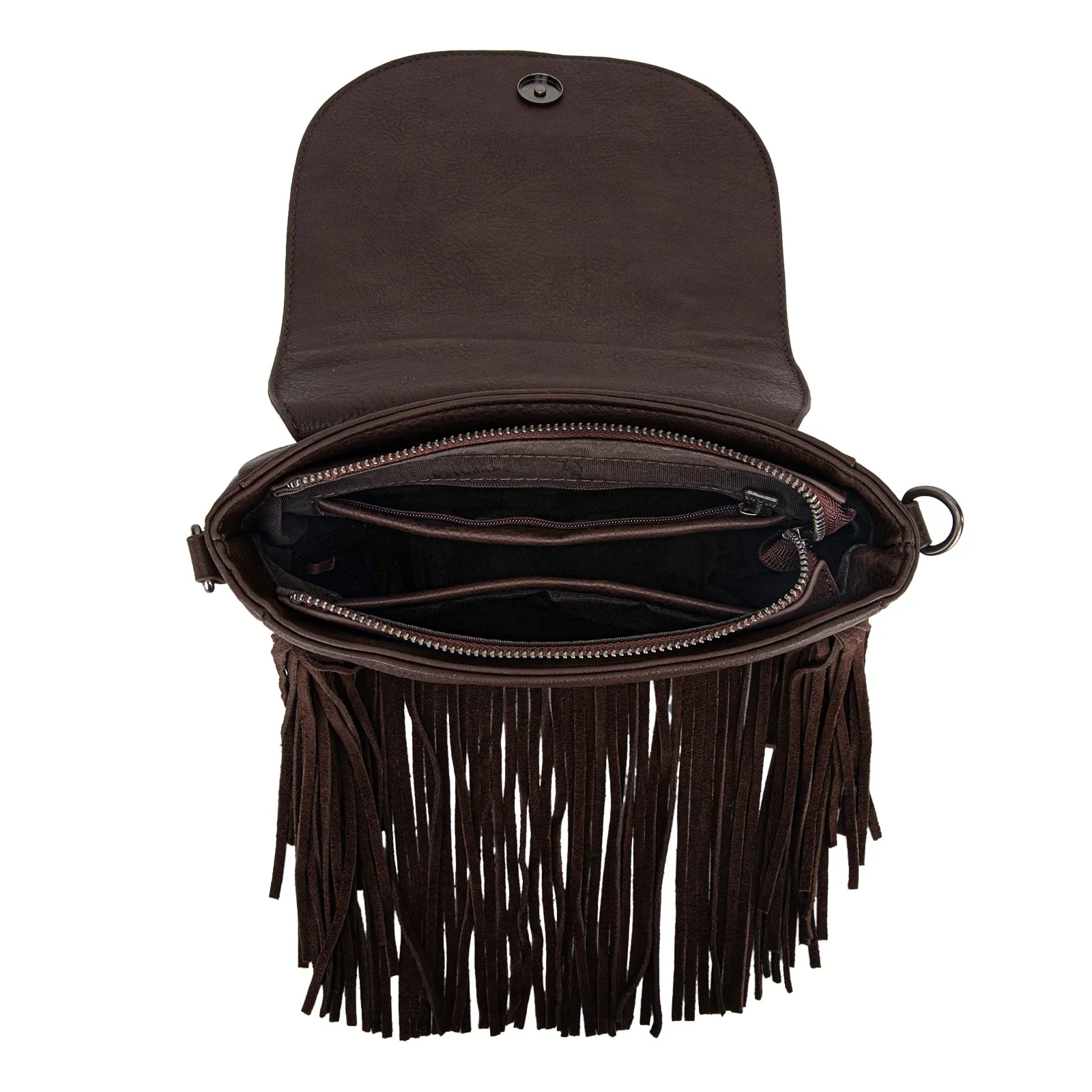 TR187-8360  Trinity Ranch Genuine Hair-On Cowhide Tooled Fringe  Crossbody Bag- Coffee