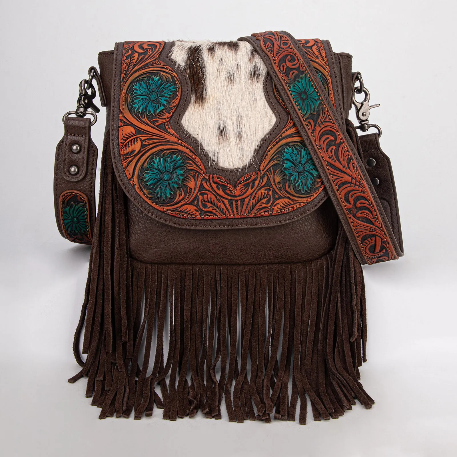 TR187-8360  Trinity Ranch Genuine Hair-On Cowhide Tooled Fringe  Crossbody Bag- Coffee