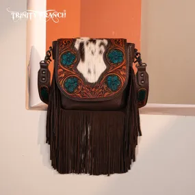 TR187-8360  Trinity Ranch Genuine Hair-On Cowhide Tooled Fringe  Crossbody Bag- Coffee