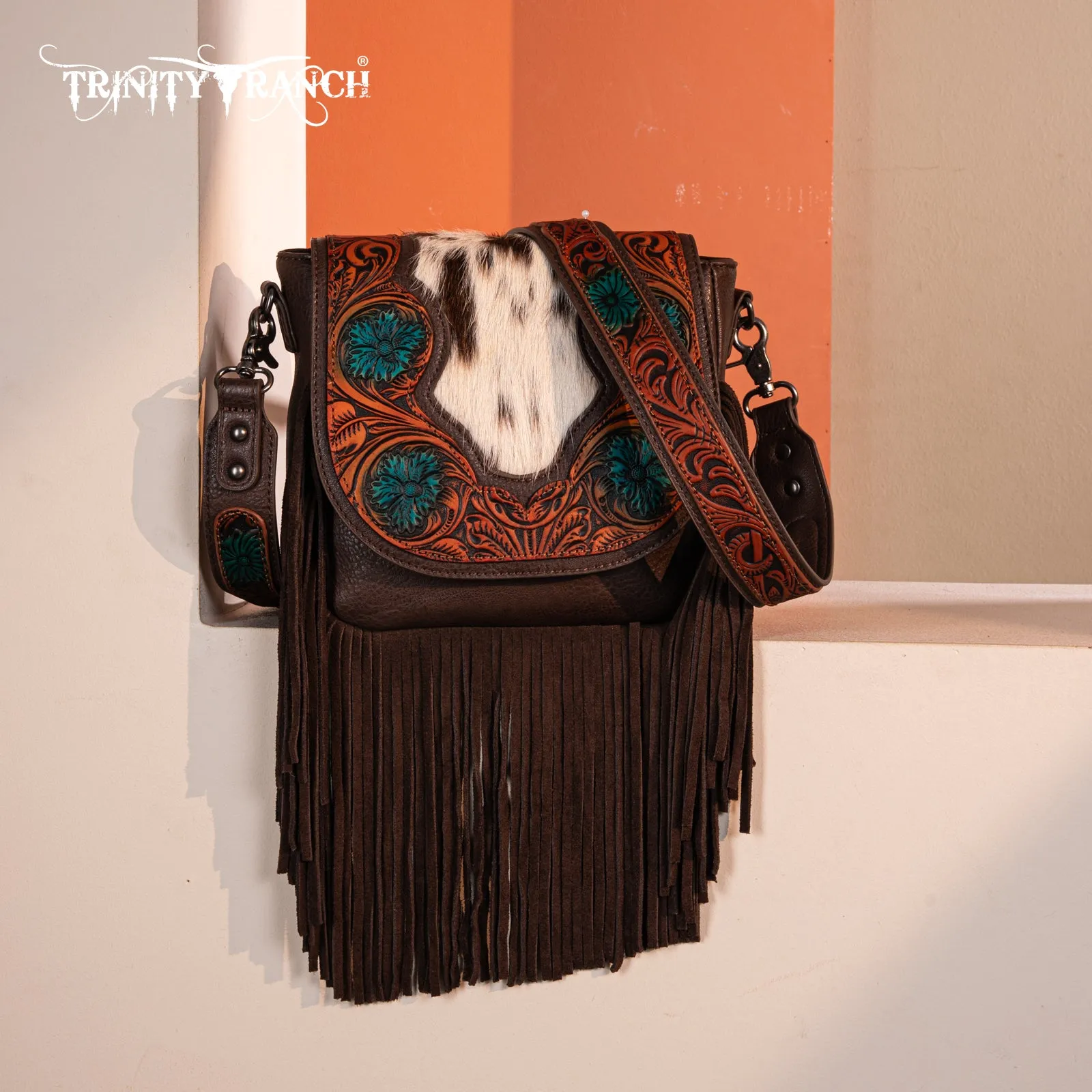 TR187-8360  Trinity Ranch Genuine Hair-On Cowhide Tooled Fringe  Crossbody Bag- Coffee