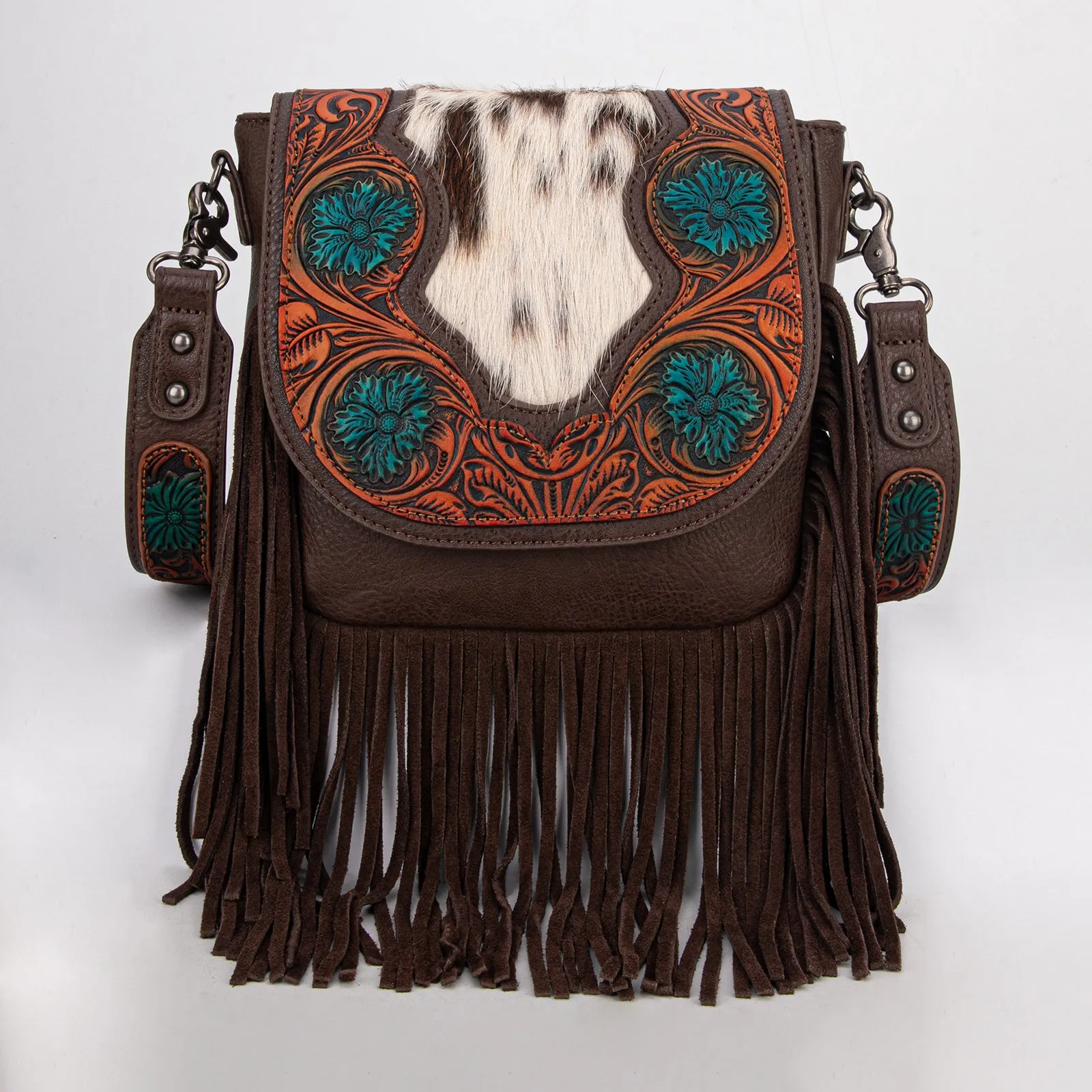 TR187-8360  Trinity Ranch Genuine Hair-On Cowhide Tooled Fringe  Crossbody Bag- Coffee