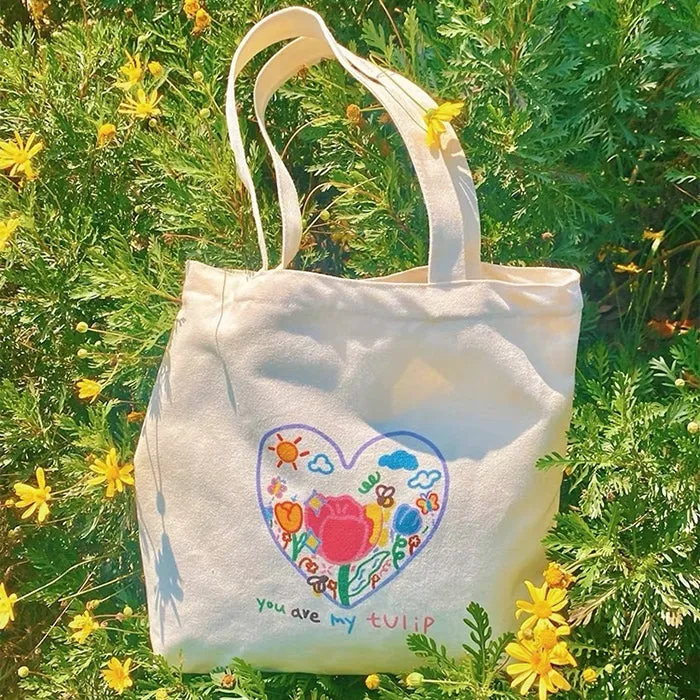 Tulip Embroidery Aesthetic Tote Bag