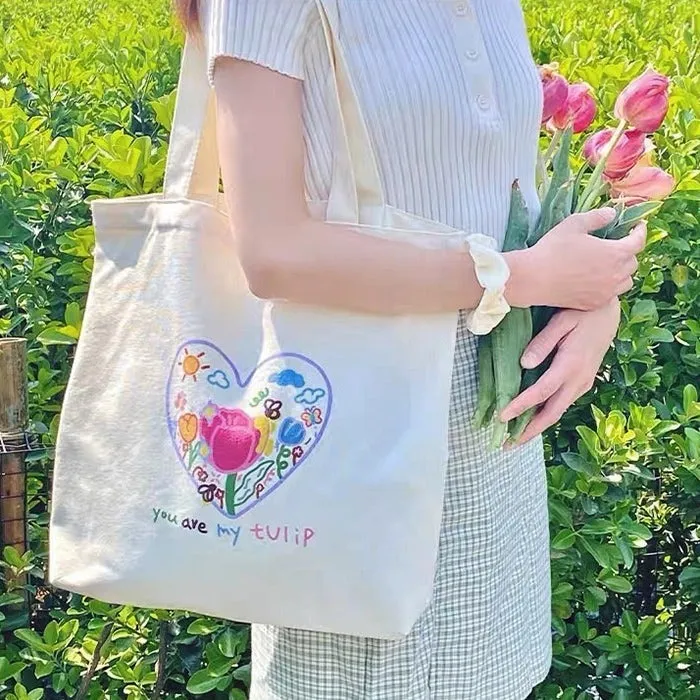 Tulip Embroidery Aesthetic Tote Bag