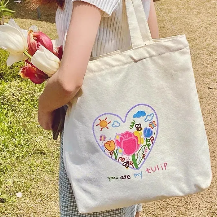 Tulip Embroidery Aesthetic Tote Bag