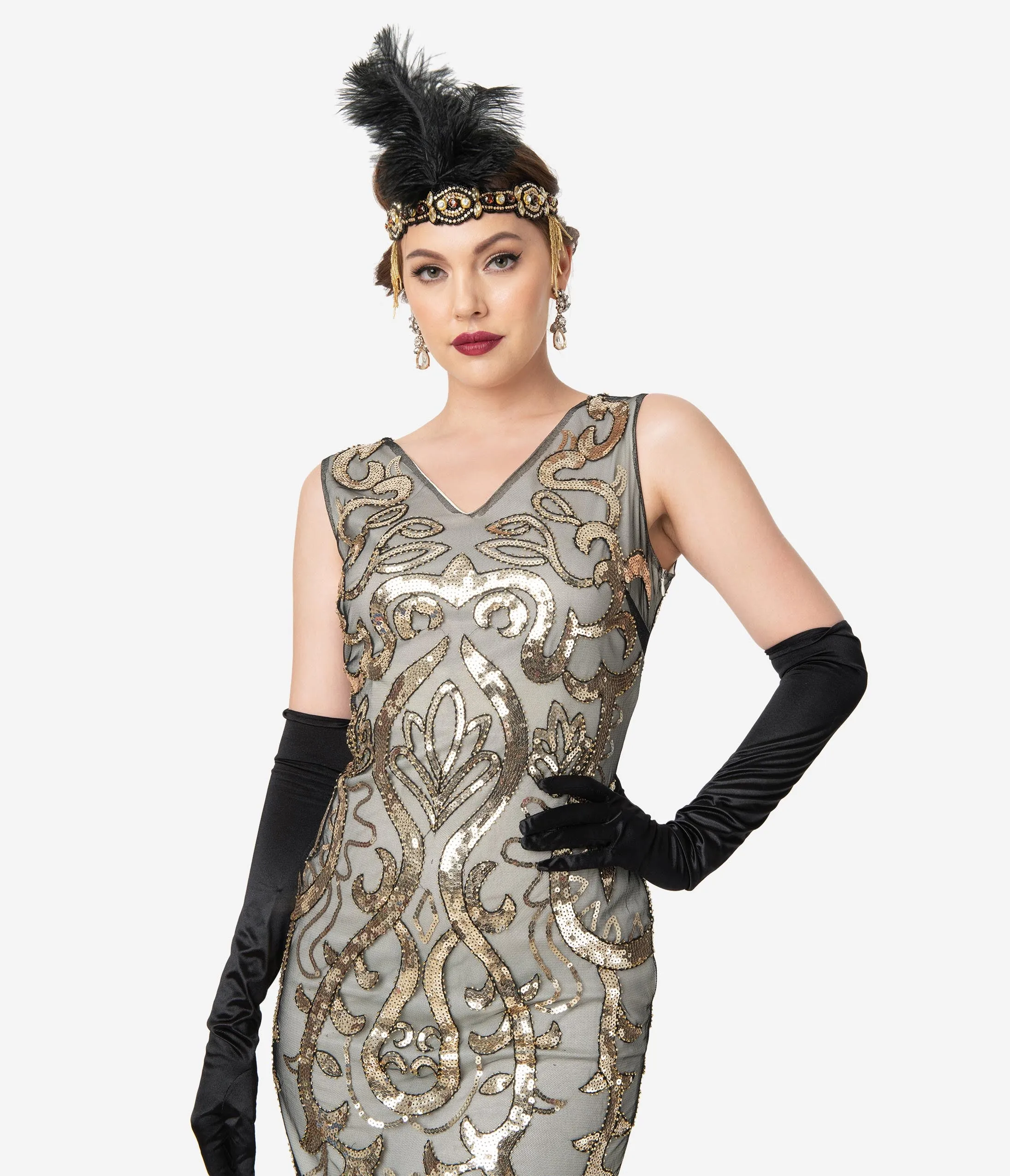 Unique Vintage 1920s Beige & Gold Sequin Bergere Flapper Dress