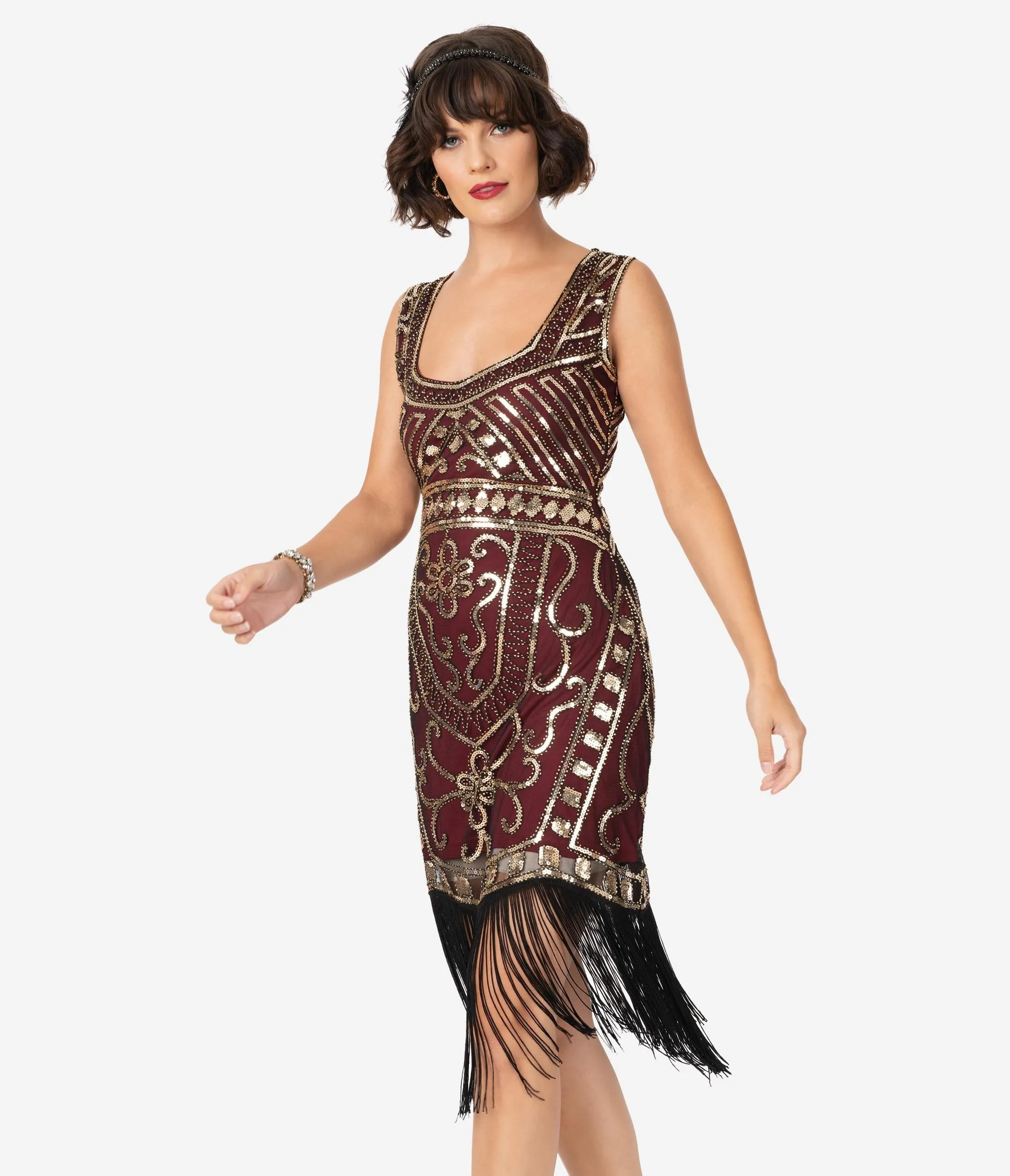 Unique Vintage 1920s Burgundy & Gold Sequin Pernelle Flapper Dress