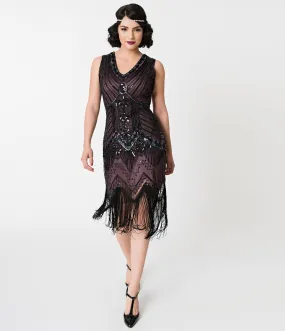 Unique Vintage 1920s Deco Purple & Black Sequin Veronique Fringe Flapper Dress