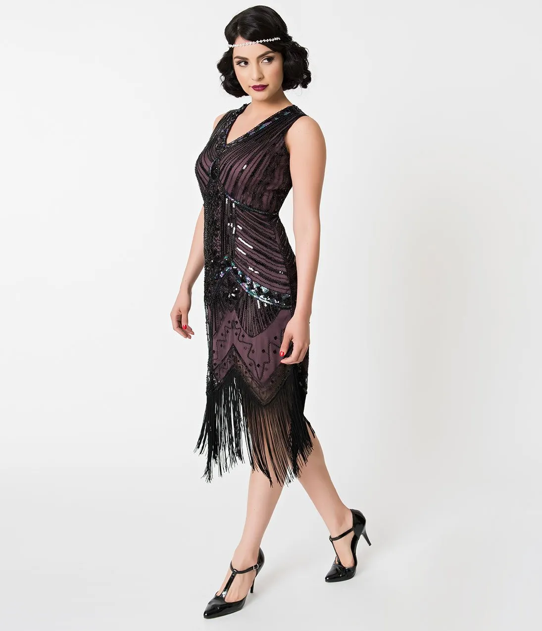 Unique Vintage 1920s Deco Purple & Black Sequin Veronique Fringe Flapper Dress