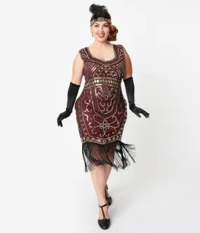 Unique Vintage Plus Size 1920s Burgundy & Gold Sequin Pernelle Flapper Dress