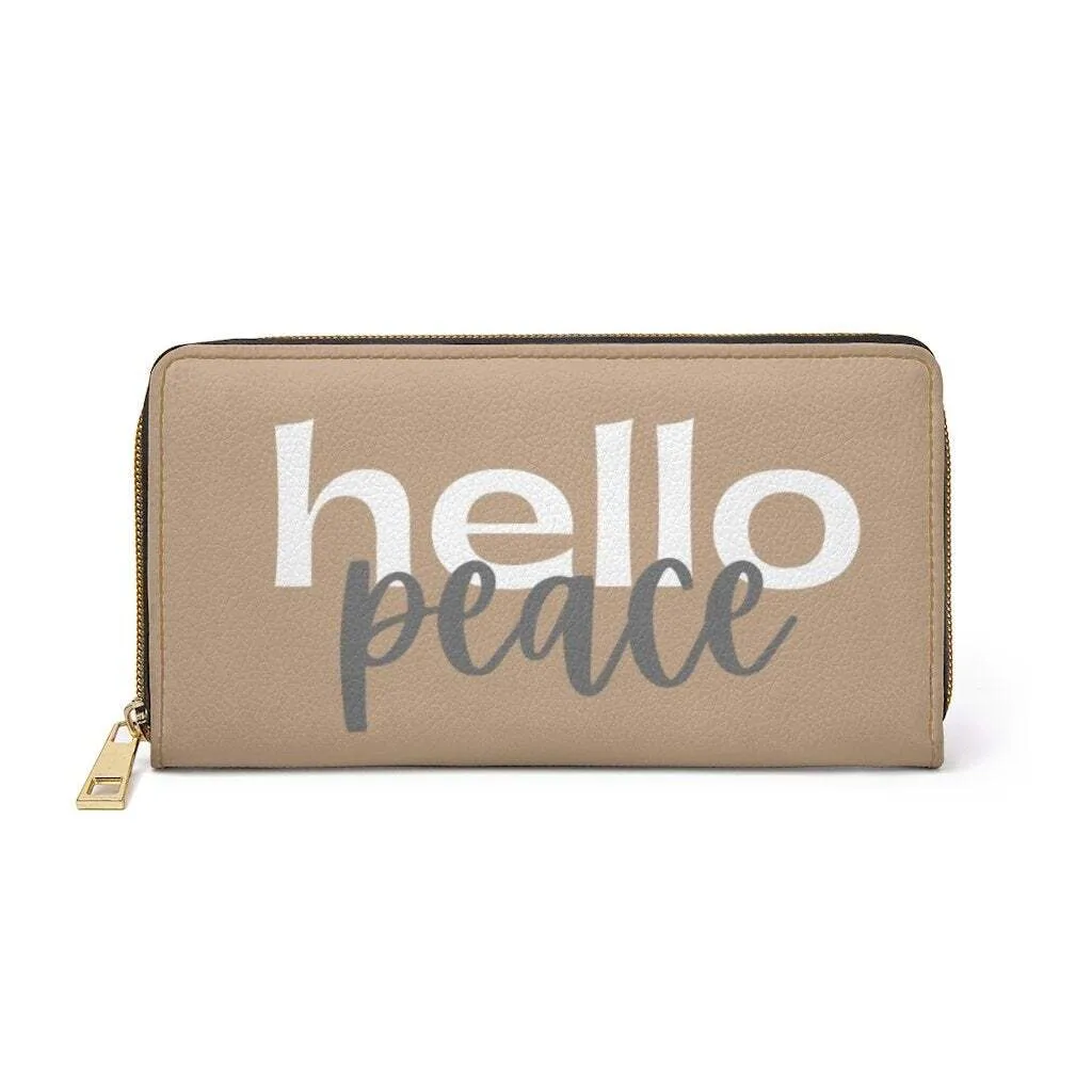 Uniquely You Womens Wallet - Zip Purse / Light Brown & White Hello Peace