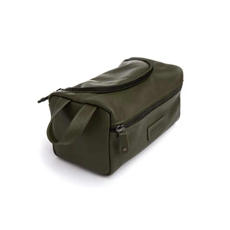 Unisex Leather Jett Toilet Bag - Olive