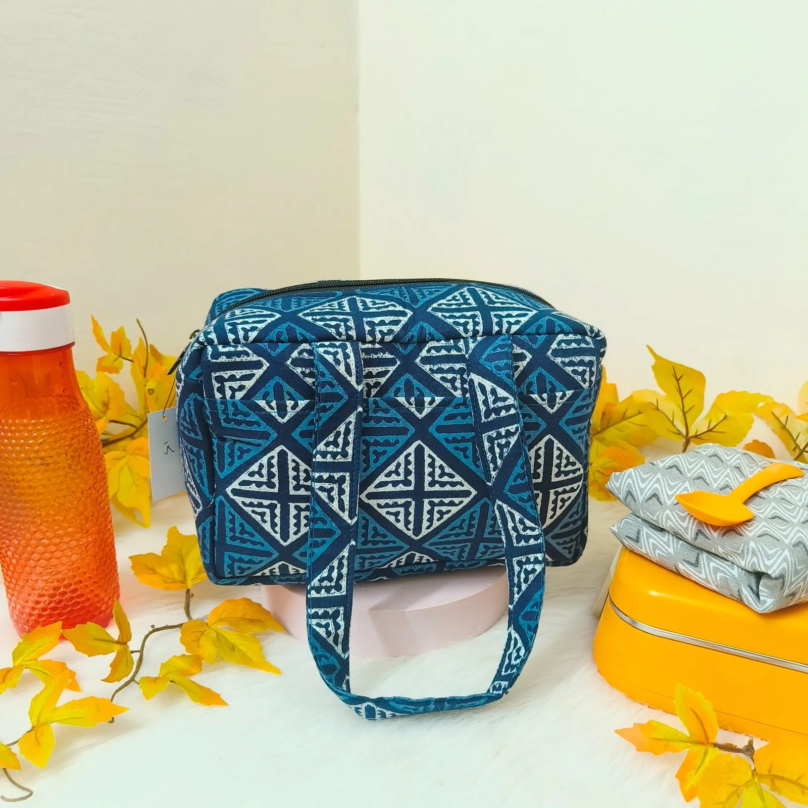 Water Proof Mini Lunch Bag Blue with White Geometrical Prints