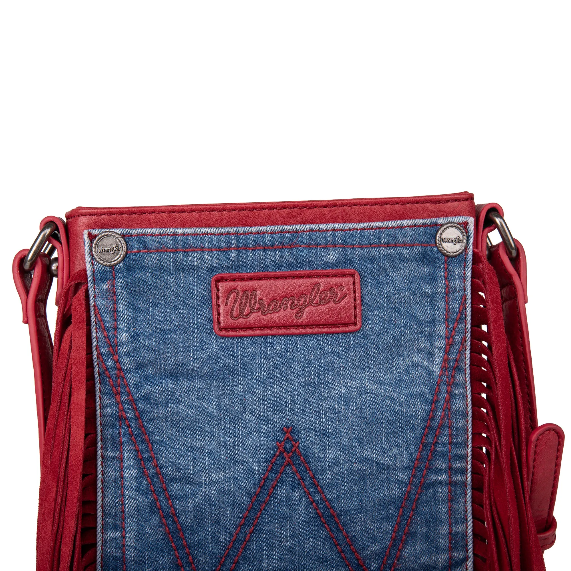 WG44-8360 Wrangler Leather Fringe Jean Denim Pocket Crossbody - Red