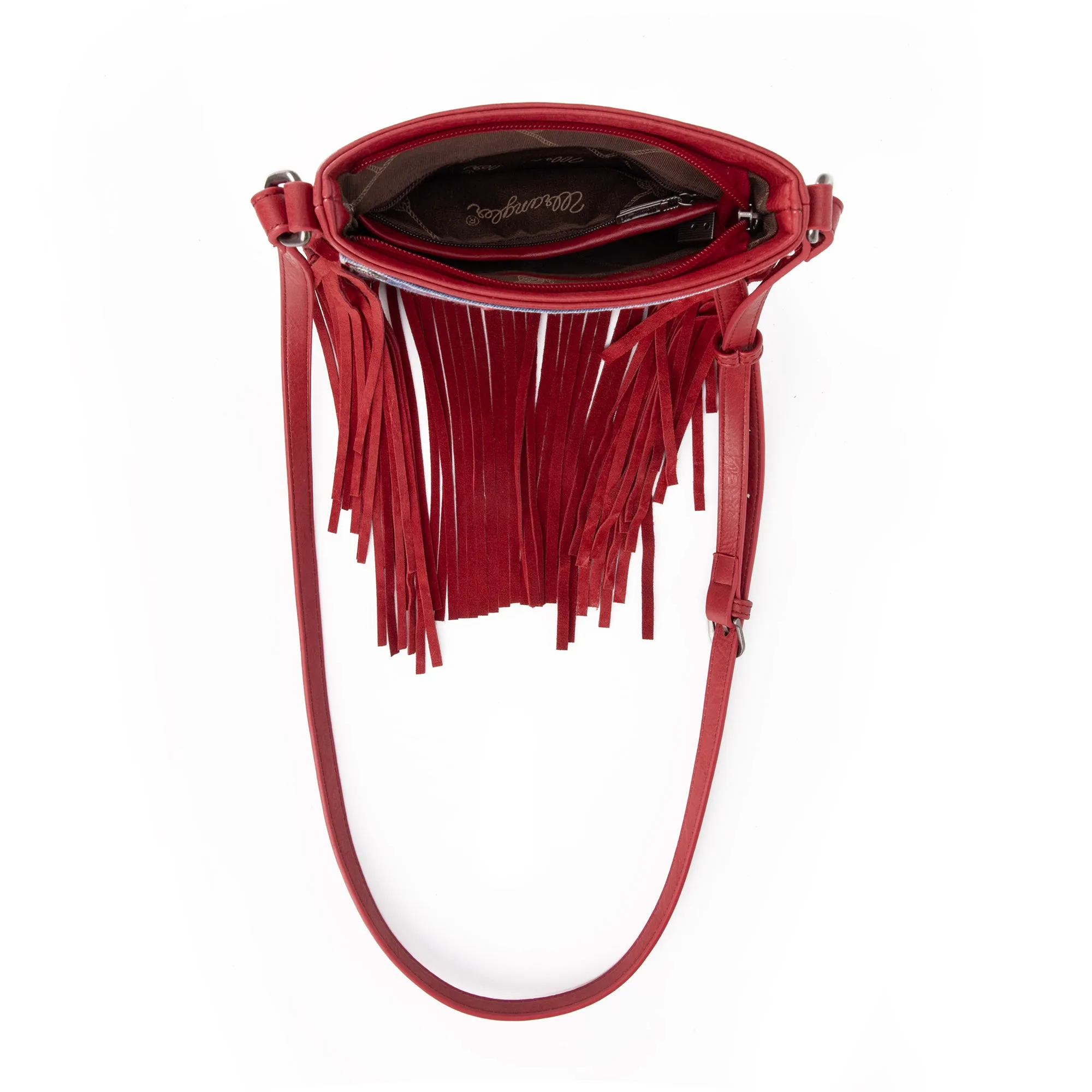 WG44-8360 Wrangler Leather Fringe Jean Denim Pocket Crossbody - Red