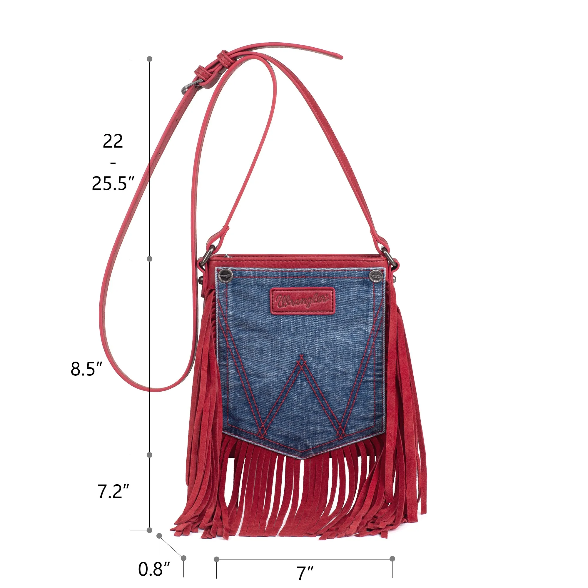 WG44-8360 Wrangler Leather Fringe Jean Denim Pocket Crossbody - Red