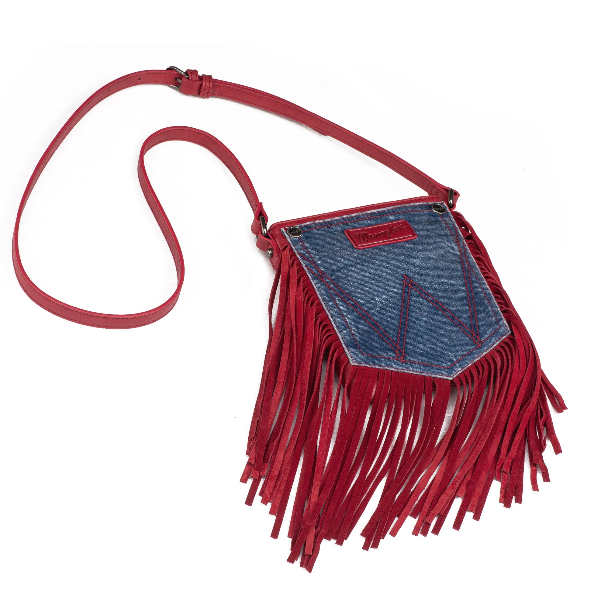 WG44-8360 Wrangler Leather Fringe Jean Denim Pocket Crossbody - Red