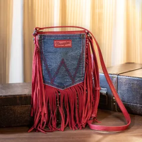 WG44-8360 Wrangler Leather Fringe Jean Denim Pocket Crossbody - Red