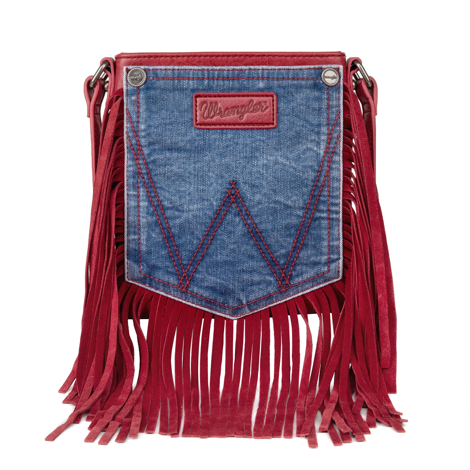 WG44-8360 Wrangler Leather Fringe Jean Denim Pocket Crossbody - Red