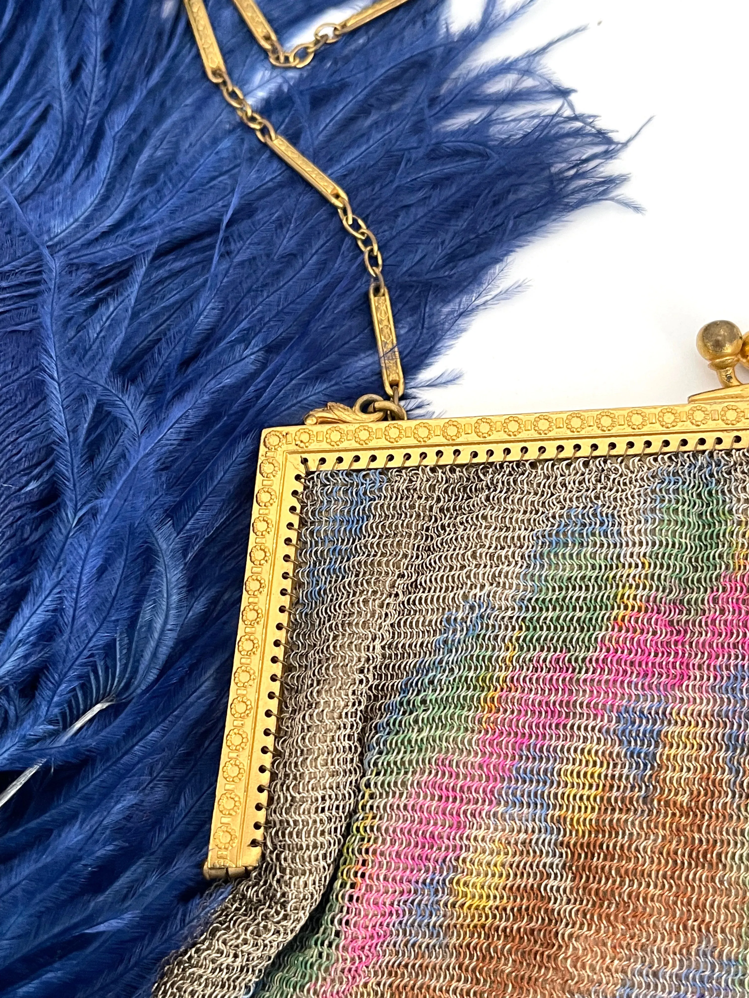 WHITING AND DAVIS Antique 20s Dresden Mesh Bag with Peacock Moti