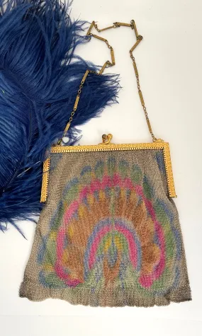 WHITING AND DAVIS Antique 20s Dresden Mesh Bag with Peacock Moti