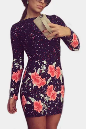 Wholesale Black Floral Print Round Neck Long Sleeve Mini Dress