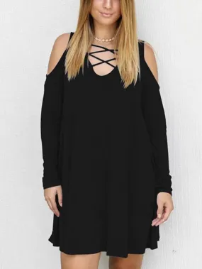 Wholesale Black V-Neck Long Sleeve Plain Crossed Front Mini Dress