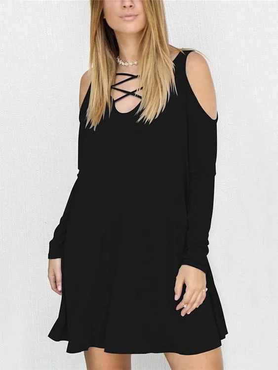 Wholesale Black V-Neck Long Sleeve Plain Crossed Front Mini Dress