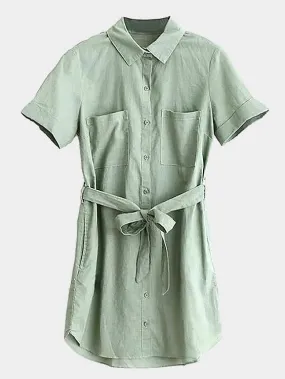 Wholesale Light-Green Perkins Collar Short Sleeve Plain Curved Hem Mini Dresses