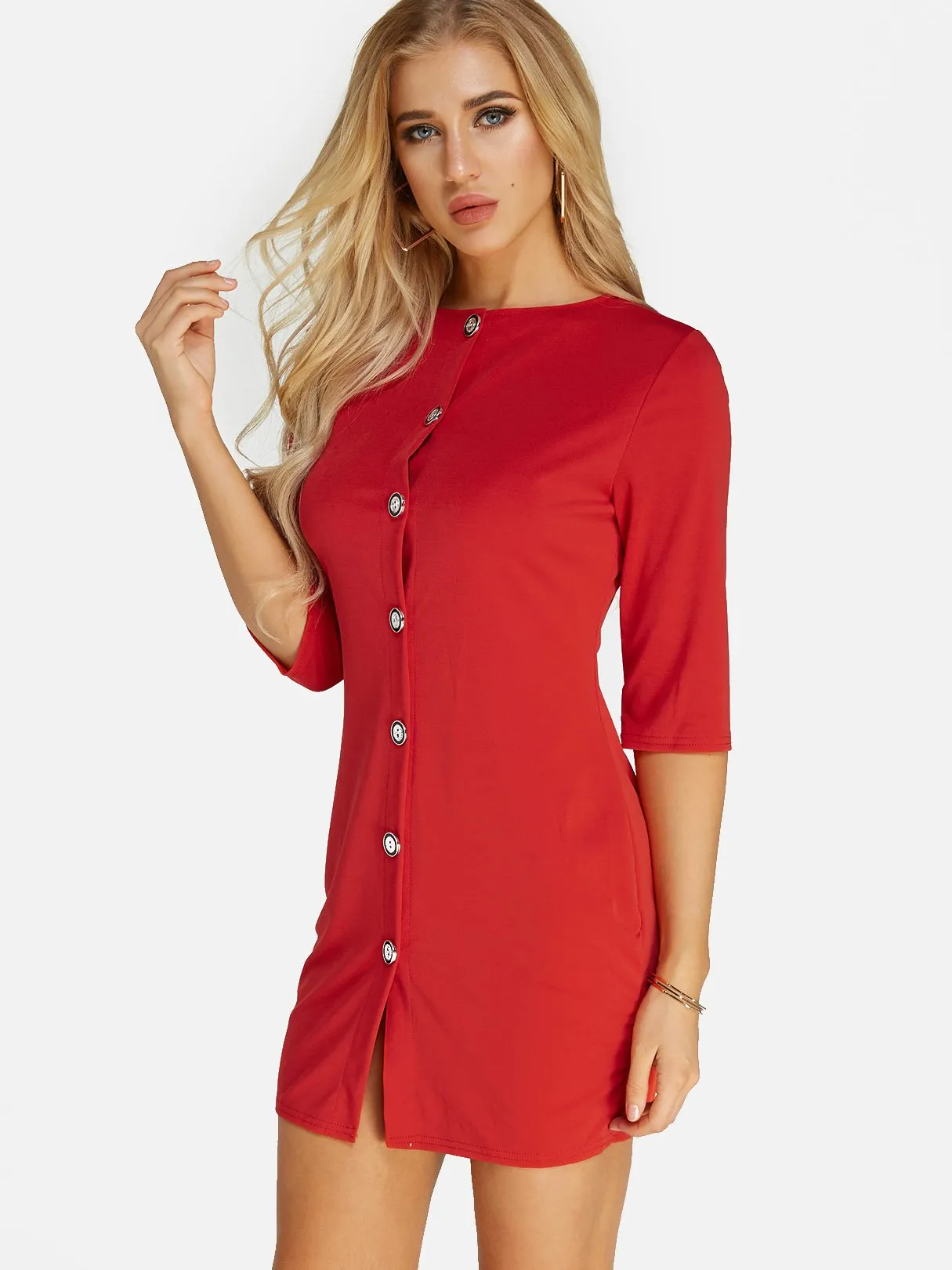 Wholesale Red Round Neck Half Sleeve Plain Mini Dress