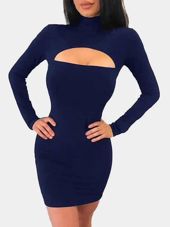 Wholesale Royal High Neck Long Sleeve Plain Cut Out Mini Dress