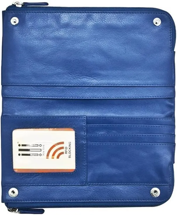 Womens-Cobalt Blue-Leather Double  Zip Around Smart Phone Rfid Wallet